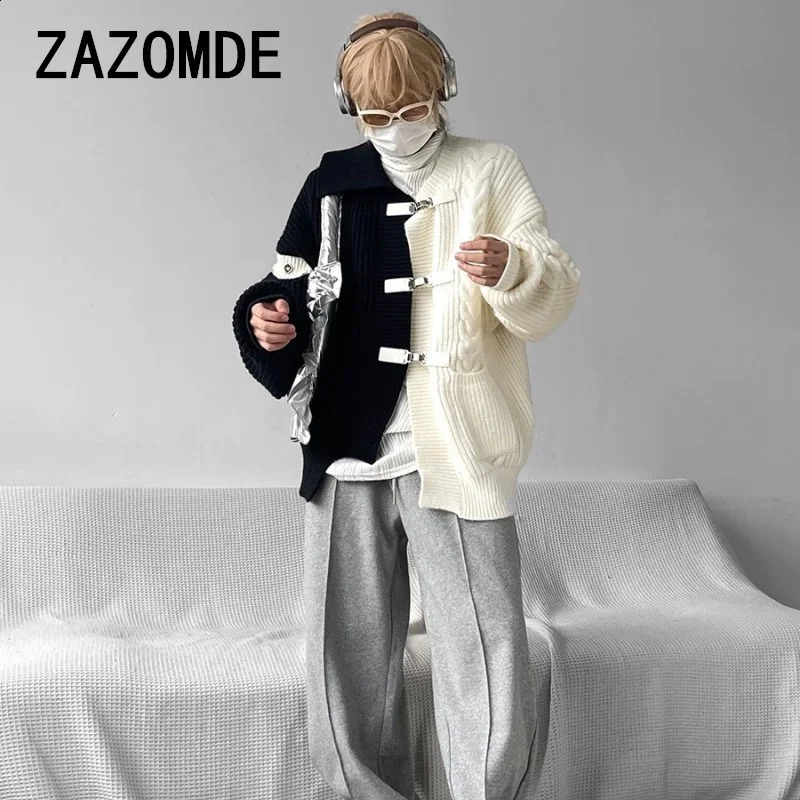 ZAZOMDE Fashion Knitted Long Sleeve Sweater with Loose Splicing Open Hemp Metal Button Knitted Coat Fashionable Mens Knitted 241007
