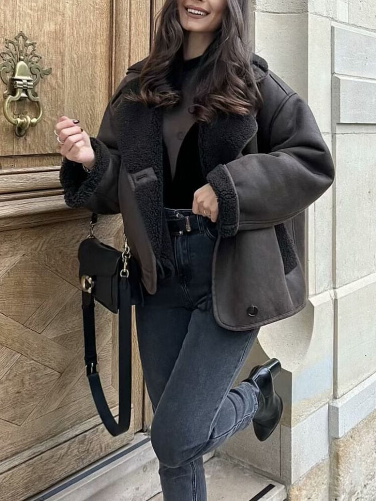 Vintage Women Dark Brown Faux Leather 2024 Fashion Spring Autumn Casual Commute Eastern Coat Button Pocketed Jacket