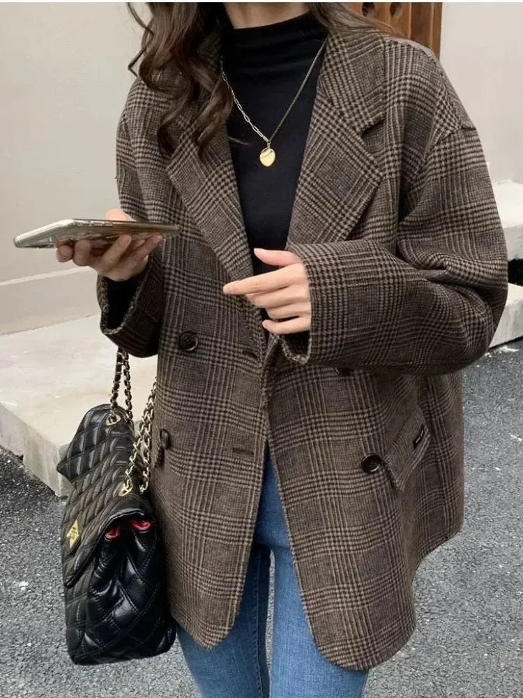 Suit Coats and Jackets Casual Lattice Loose Coat for Single Breasted Pockets Korean Fashion Womens Wool ZL12 240930