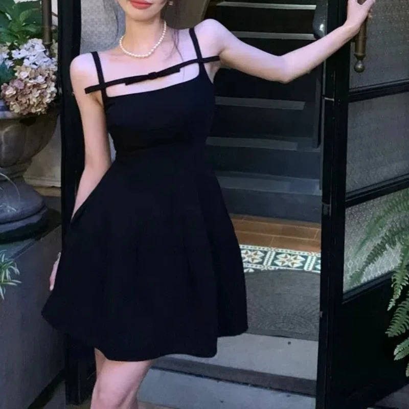 Full matching summer solid color pullout womens clothing Camisol slant neck mini skiing ALine aesthetic Korean fashion dress 241007