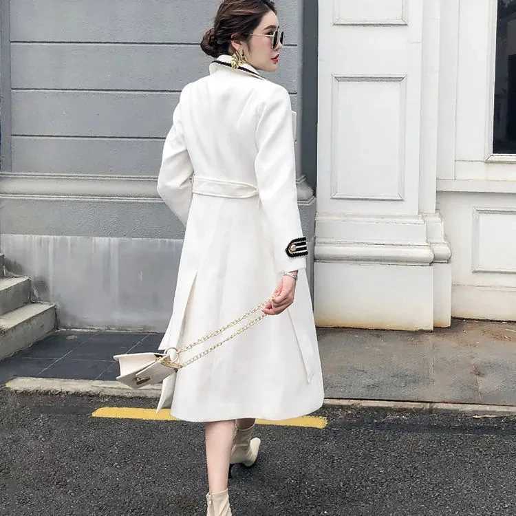 White Woolen Coat Women Mid-length Autumn/Winter Jacket Coat British Hepburn Thicken Slim Black Double-breasted Coat Trench CoatX241009