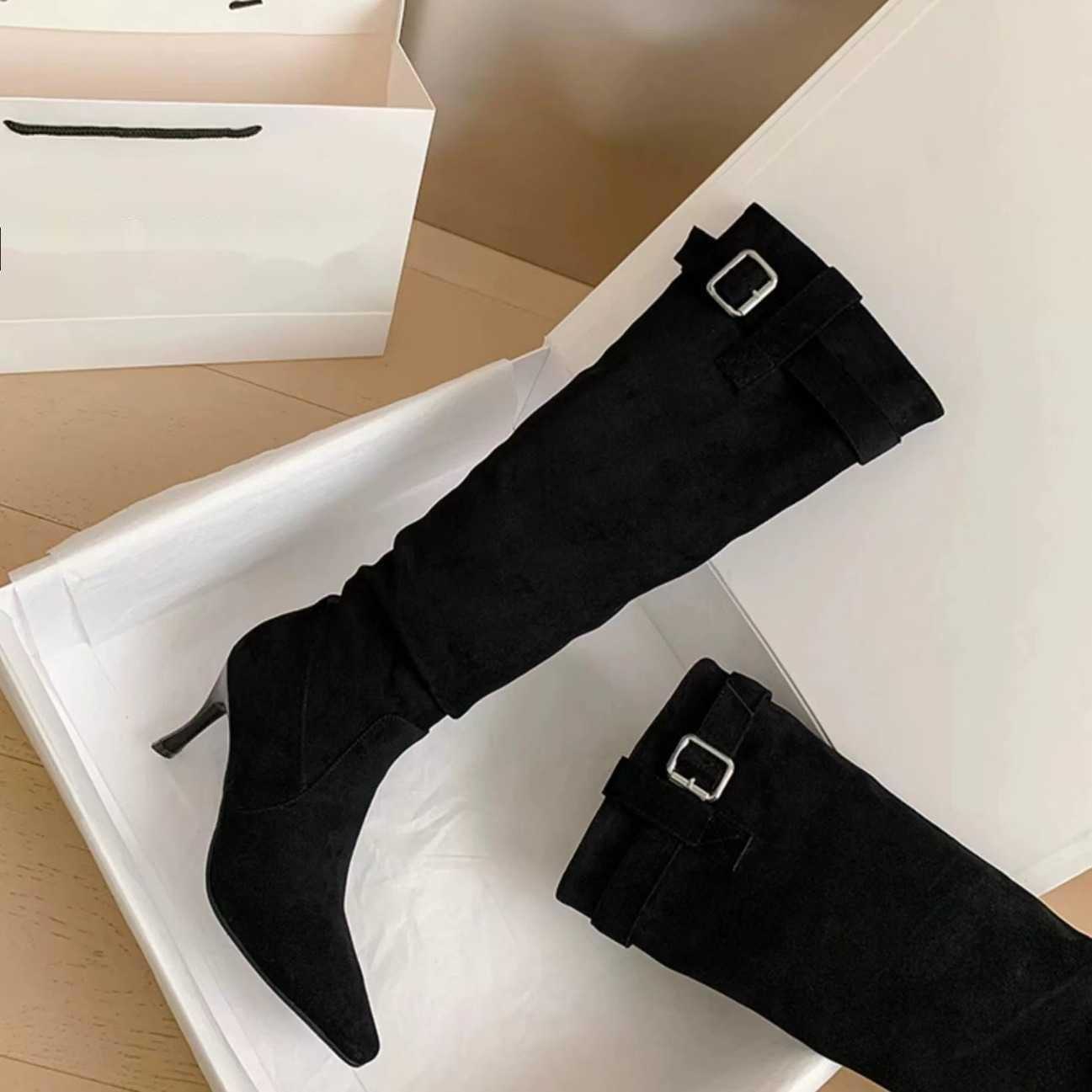Autumn Winter Versatile Martin Boots Slimming Pile Boots With Pointed Toes Fashion Boots Thin Heels High Heels Boots For Women Beautiful Knee High Boo