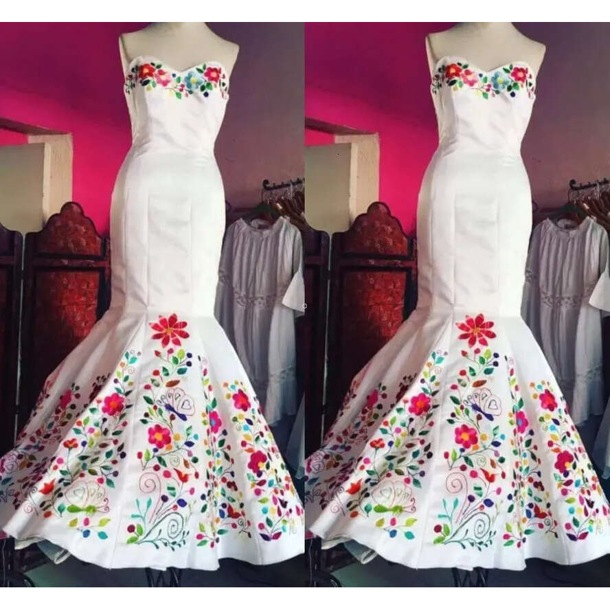 2022 Vintage Mexican UPS Embroidered Wedding Dress Chic White Satin Sweetheart Top Corset Back Formal Dresses For Bride es