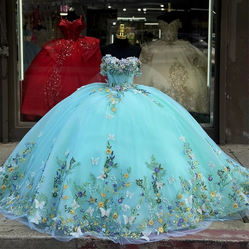 Light Green Shiny Quinceanera Dresses Off the Shoulder Ball Gown Applique Bow Beading Tull Lace Up Floral Girls Birthday Party Gown Vestidos 15 Anos