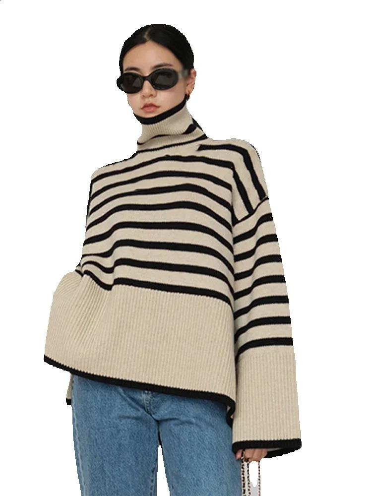Casual striped sweater for women elegant turtle buckle comparison long sleeved womens zipper autumn winter fashion womens knitting 240927