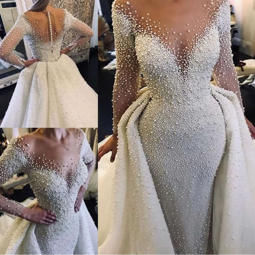 2022 Pearls HOT Mor Mermaid Dresses Sheer Crew Neck Long Sleeves See Through Wedding Gowns With Removable Train Bridal Dress