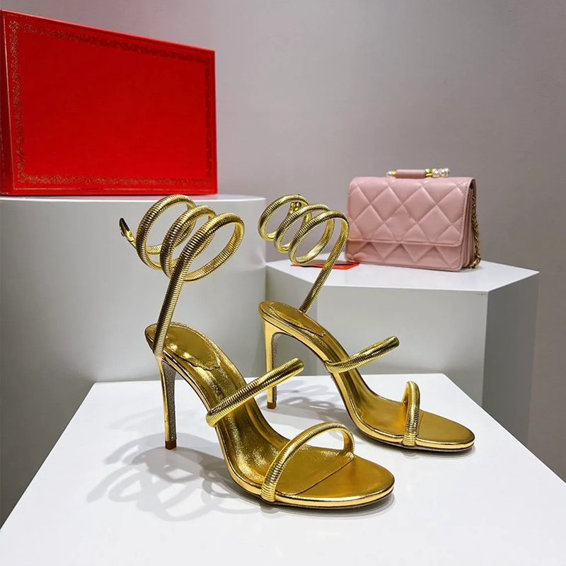 Designer Rhinestones Embellished sandals Omega Snake Spiral-Wrap stiletto women's heels Luxury Ankle Wraparound Evening shoes factory footwear