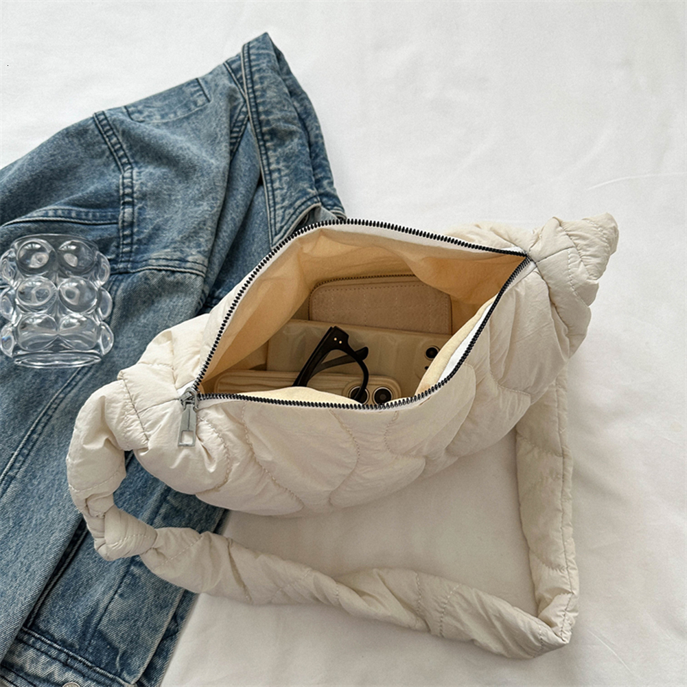 New Female Puffer Shoulder Trendy Soft Down Cotton Pillow Shopper Underarm Solid Color Quilted Simple Crossbody Bag