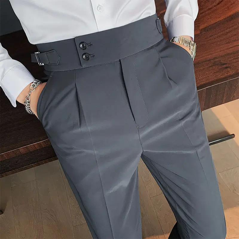 Casual Mens Spring and Summer 2024 Business Formal Solid Color High Waisted Button Zipper Ruched Pocket Straight Suit Pants 241009
