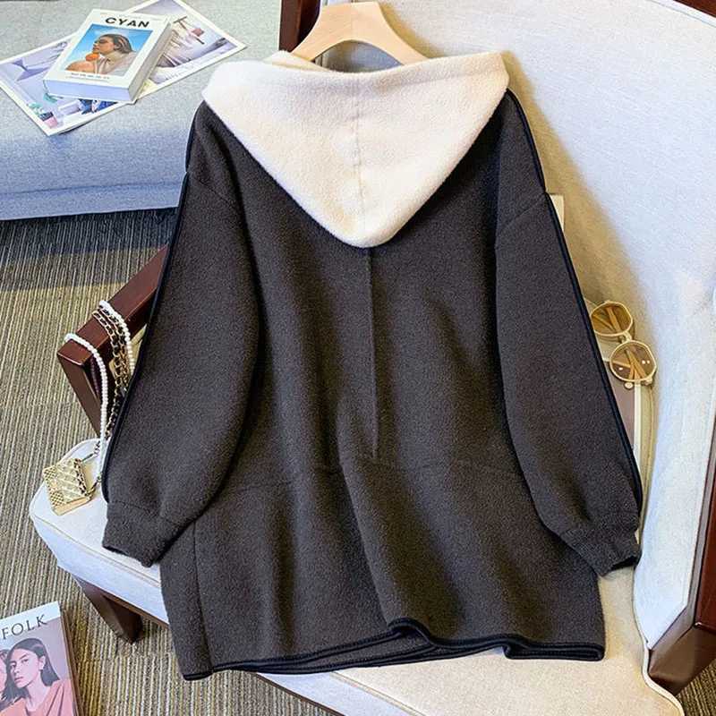 Double-sided Cashmere Fake Two-piece Hooded Woolen Jacket Women 2024Autumn Winter New Temperament Slim Cardigan Wool Coat FemaleX241009