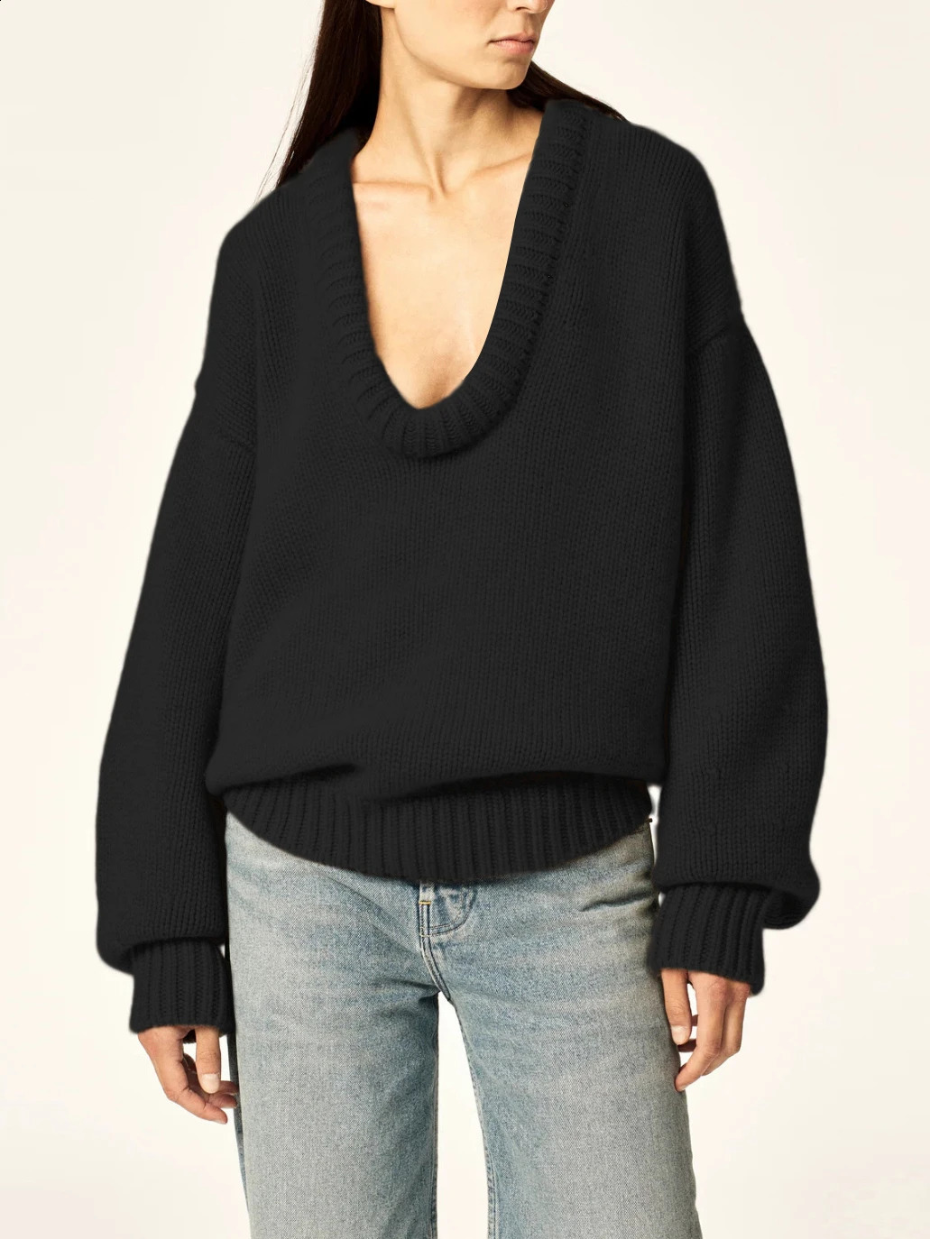 Autumn loose knit pull-out womens fashionable O-neck long sleeved sweater womens solid casual jumper 240927