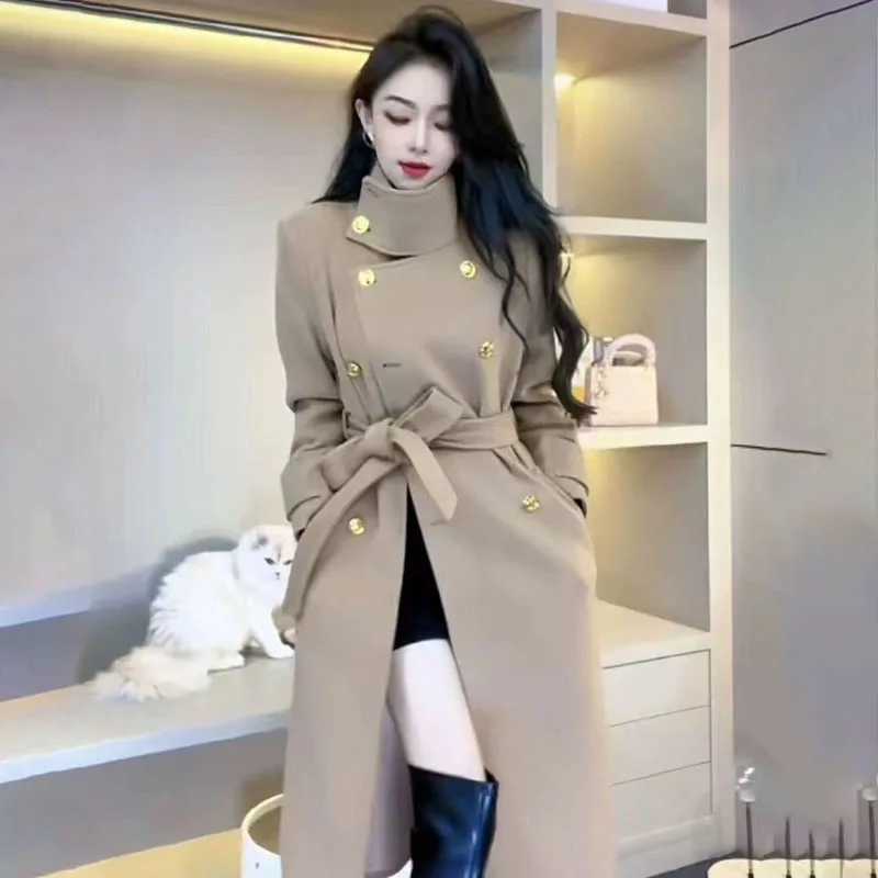 Spring Autumn 2024 New Woolen Windbreaker Jacket Womens Overcoat Loose Double-Breasted Lace-Up Pocket Slim Mid-length CoatX241009