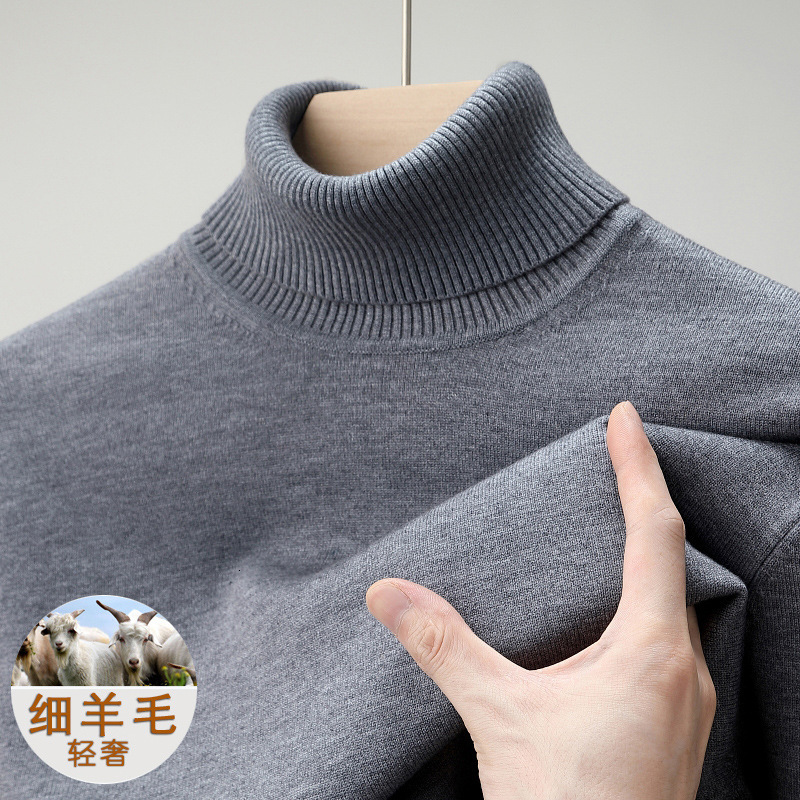 2024 new designer men's autumn and winter high-end wool thick warm wool semi high neck knitted sweater solid color with cashmere lining men'