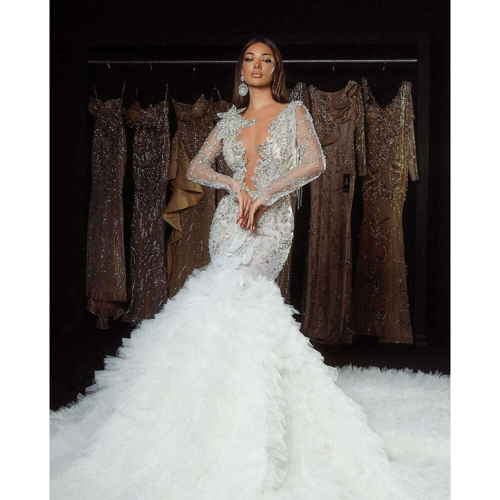 Wedding Dress Mermaid V-Neck Crystal Appliques Ruffles Long Sleeve Gorgeous Bride Vestido De Noiva Custom Made 0228Lz