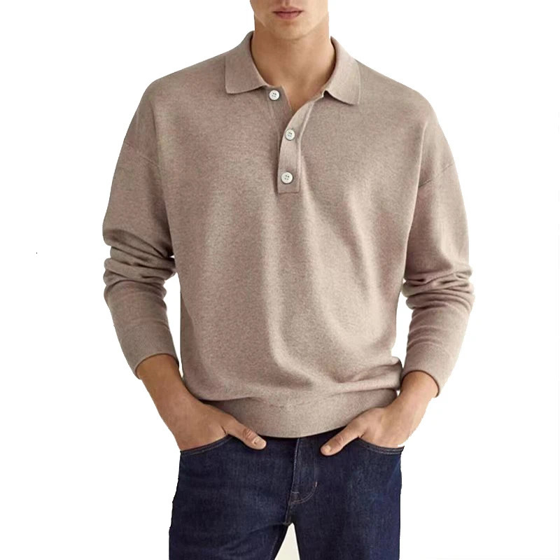 Mens Casual Long-sleeved Shirt Fashion Solid Color Lapel Button Business Casual Polo Shirt Golf Pullover T-shirt Street Wear 241009