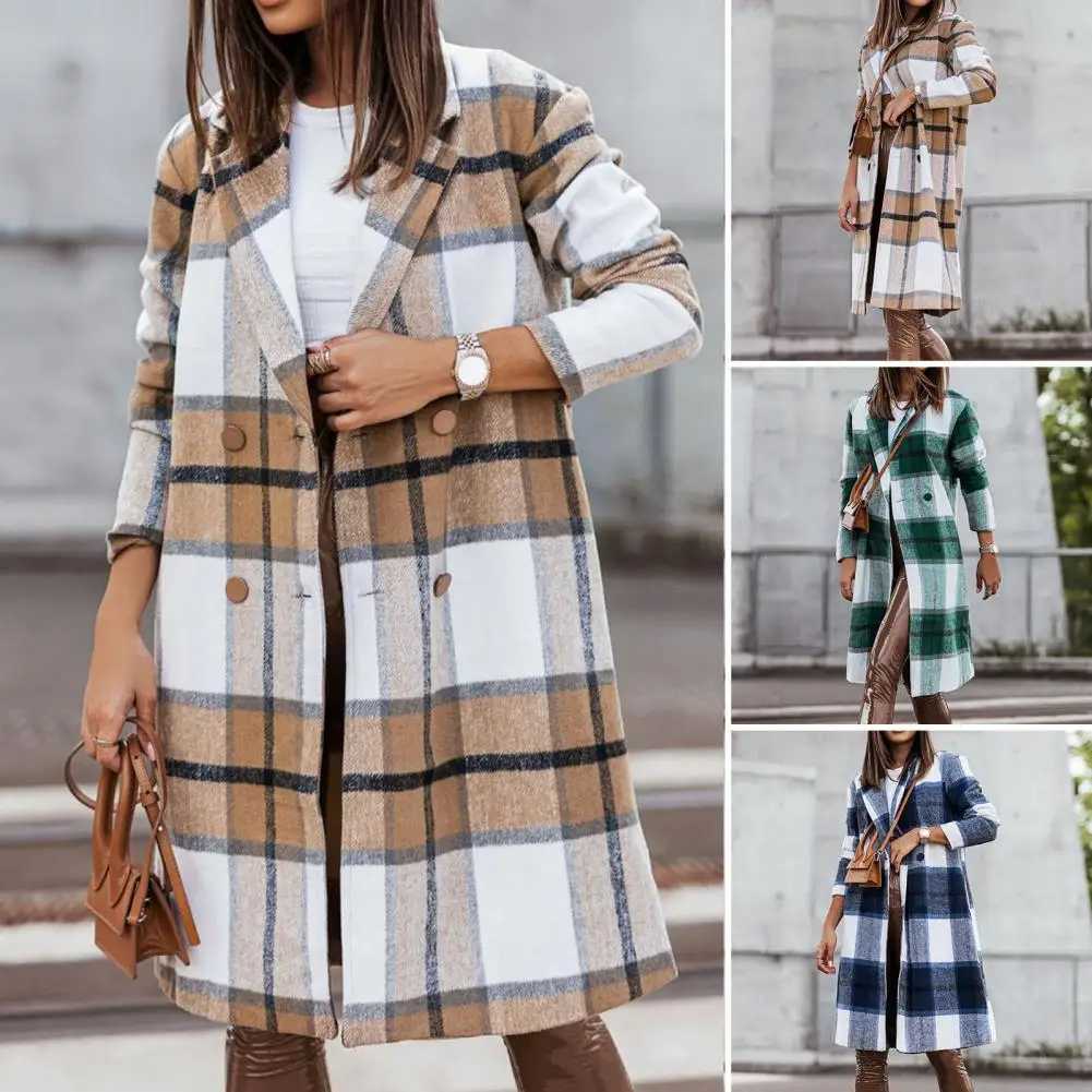 2023 Womens Fashionable Spring Coat Vintage Coat Plaid Print Warm Medium Length Jacket Coat Lapel Autumn CoatX241009