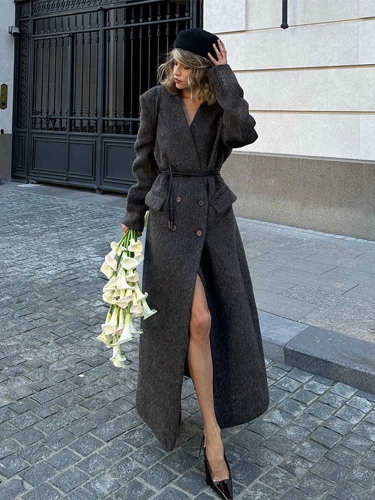 Vintage Double-Breasted Long Woolen Coat Women Casual V-neck Solid Slit Maxi Coats Lady Winter Warm Chic Elegant Street OutwearX241009