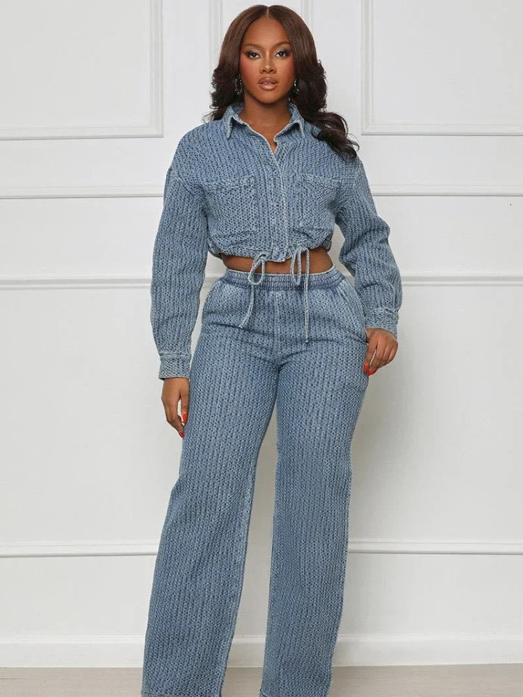 Laxsesu Fashion Denim Womens Set Long Sleeve Button Front Jacket and Wide Leg Jeans Pants Two Piece Dress 241008