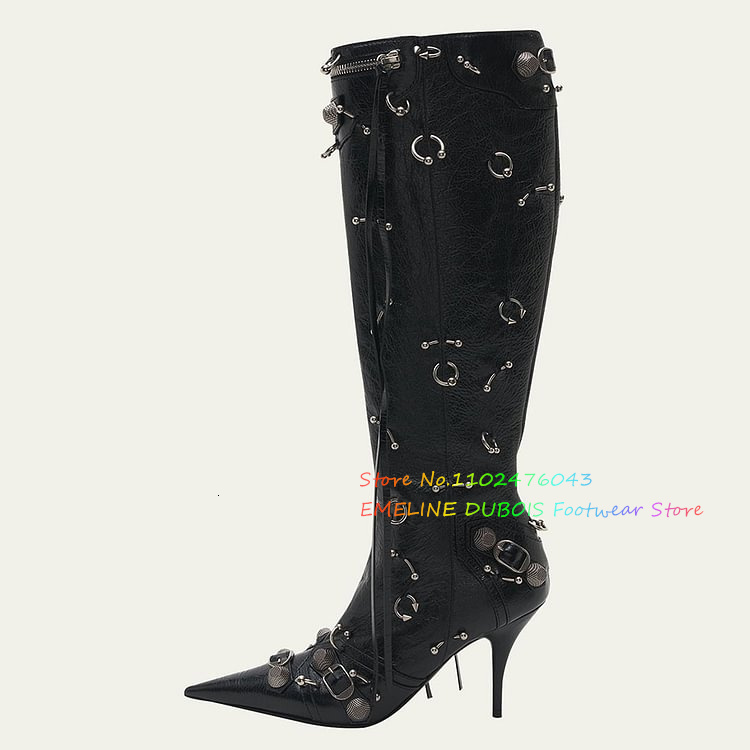 Pointed Toe Studded Buckled Knee High Boots Ring-Piercing Embellishment Side Zippers Black Chic Long Booties For Ladies
