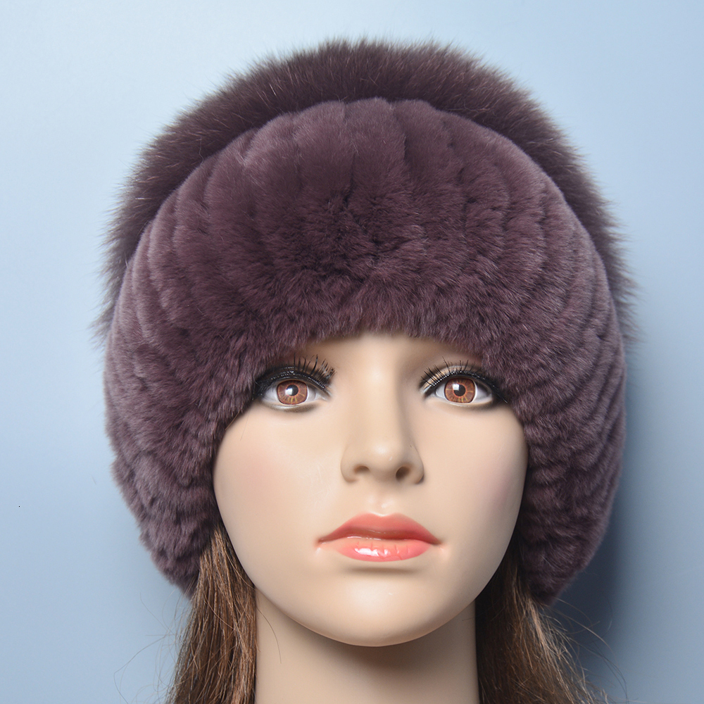 Russia Lady Winter Real Women Warm Knitted Genuine Hat Top Natural Fox Bomber Caps Rex Rabbit Fur Cap