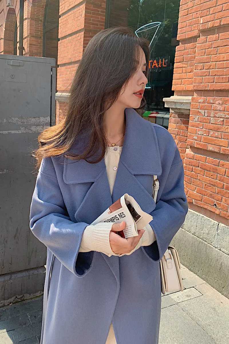 2024 New Autumn And Winter Womens Coat 100% Merino Wool Lapel Tie Commuting Classic Retro Loose Mid-Length CoatX241009