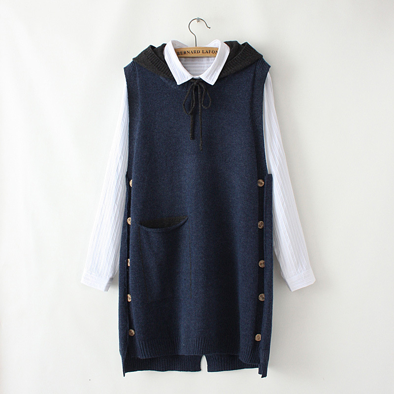 Women's Loose Long Knitted Pullover, Sweater Vest, Winter, Block Color, Hooded, Side Buttons, Curve Jumper, Plus Size, 4Xl