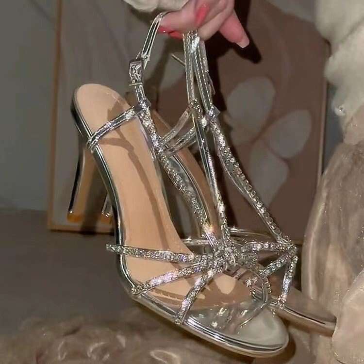 Diamond High Women's 2024 New Style With Skirt One Button Silver Fine Heels Roman Sandals, And Elegant