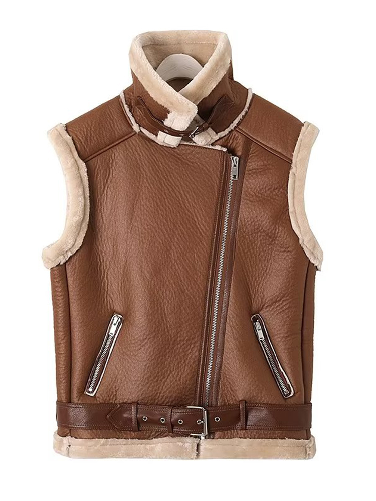 ZACK RAIN Women Khaki Faux Vest 2023 Winter Fashion Feamle Diagonal Zipper Leather Jacket Ladies Fake Fur Waistcoat