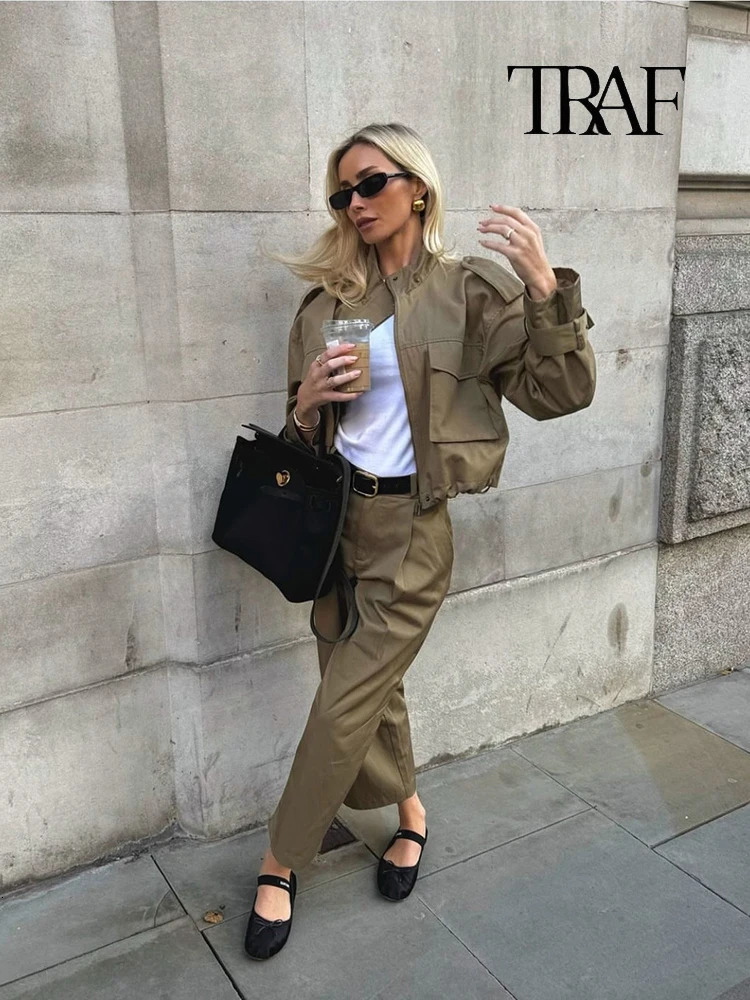 TRAF Womens Fashion Army Green Jacket Set with Two Retro Collar Pocket Trench Jackets for Autumn and Winter Casual Streetwear 241008