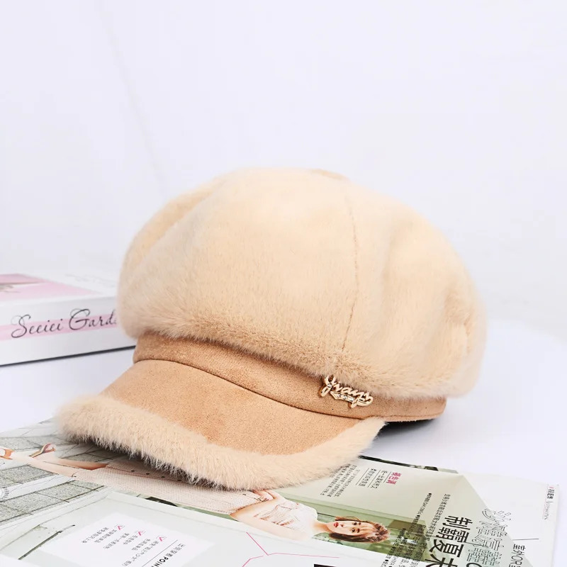 Womens autumn and winter mink hair windproof and warm retro octagonal beret 241007
