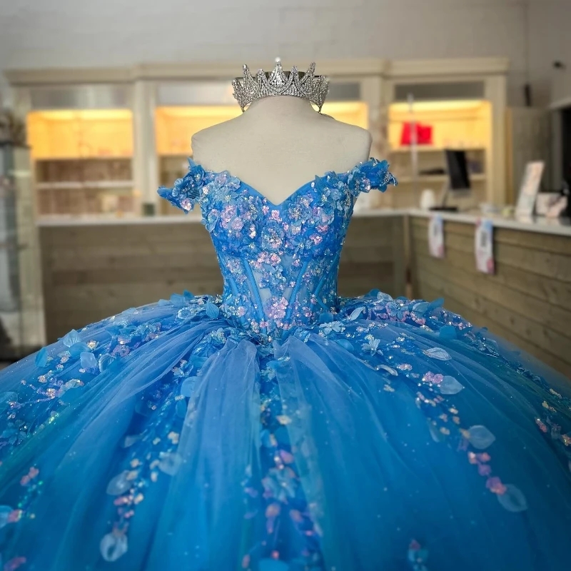Light Blue Shiny Princess Quinceanera Dresses Ball Gown Off The Shoulder Sequin Applique Lace Beads Tull Corset Sweet 16 Vestidos De XV 15 Anos