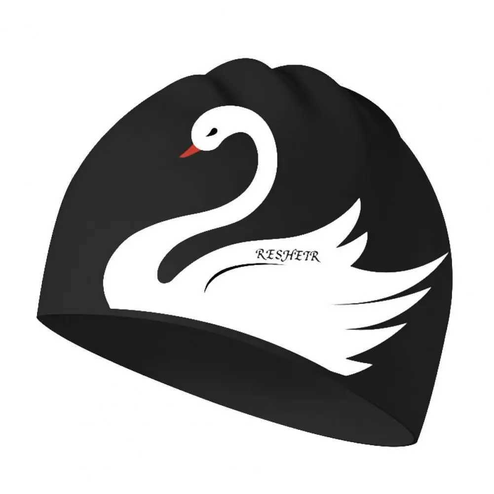 Womens swimming cap swan print elastic anti slip ear cap silicone long short hair adult bath pool swimming cap CL241009