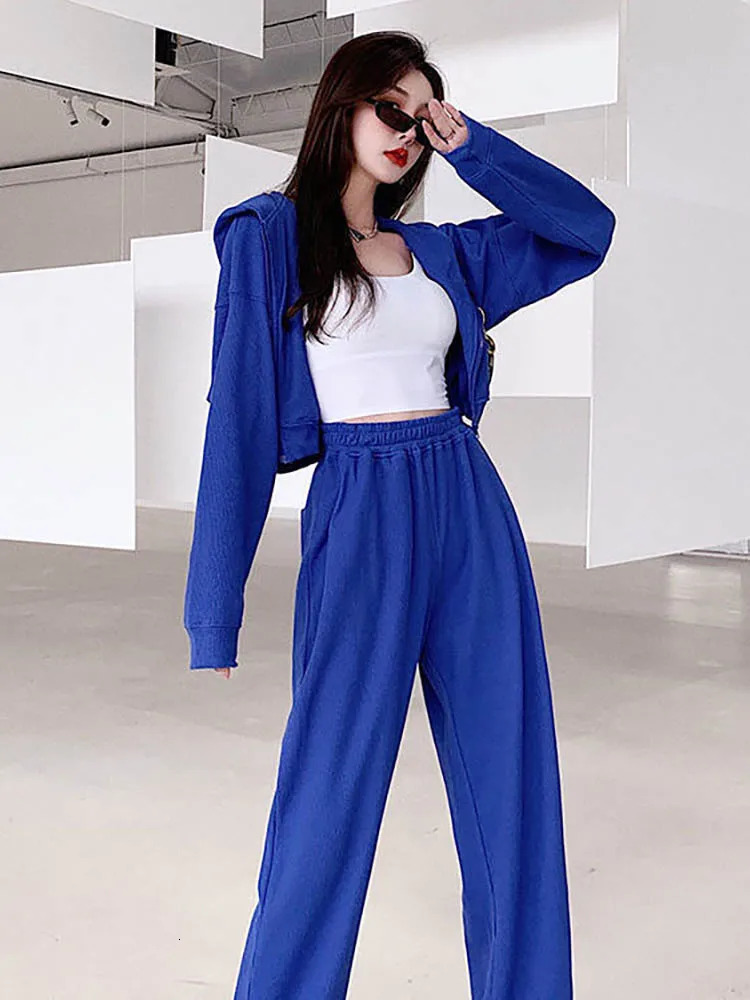Badypczd womens sportswear waffle casual hooded zipper jacket loose wide leg jogging pants Korean twopiece set clothing 241007