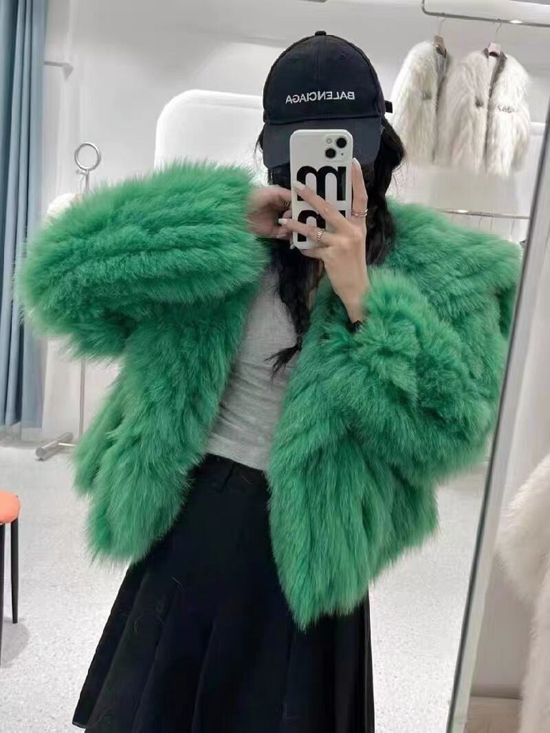 Faux Fox Coat Women Winter Warm Lapel Woven Fur Fluffy Jacket Top Fashion Short Loose Wool Jackets For Lady