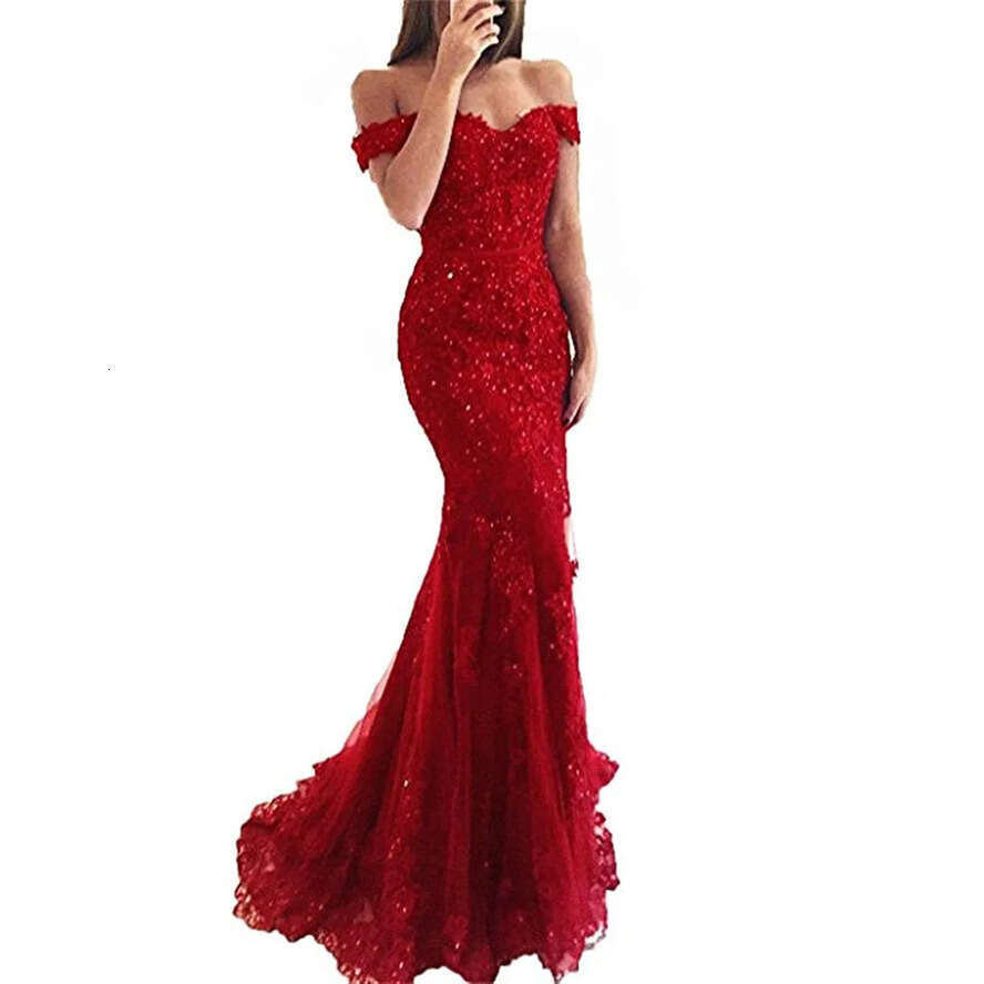 Bury Red New 2019 Royal Blue Cheap Mermaid Prom Dresses Long Off Shoulder Beads Sequined Lace Applique Evening Party Wear Formal Dress