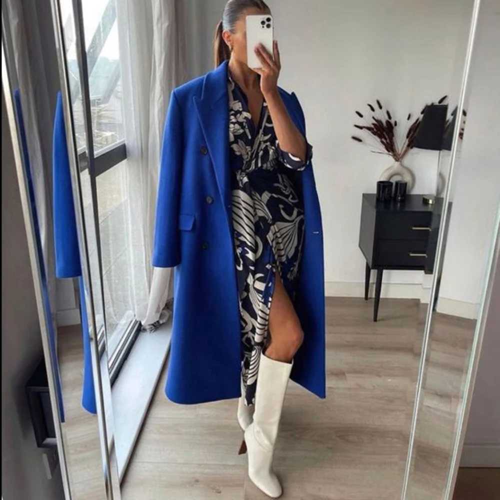 XEASY Womens Coat Autumn Woolen Coat Long Overcoat Jackets For Women 2021 Blue Womens Long Jacket Cardigan StreetwearX241009