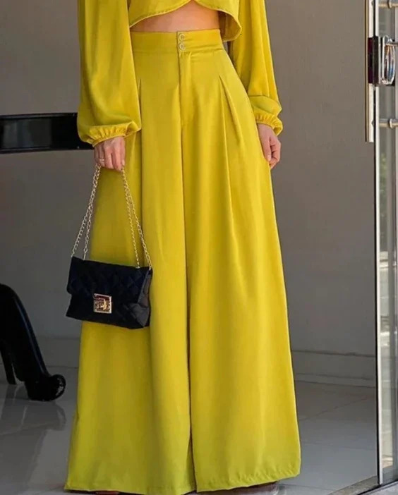 Two piece womens dress set spring temperature means irregular crops top and casual high waist daily wide leg pants 241007