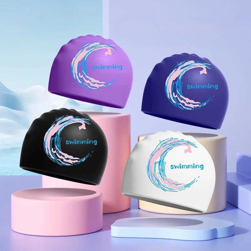 Printed swimming cap universal large-sized adult silicone swimming cap suitable for women men long hair ear protection adult swimming cap CL241009