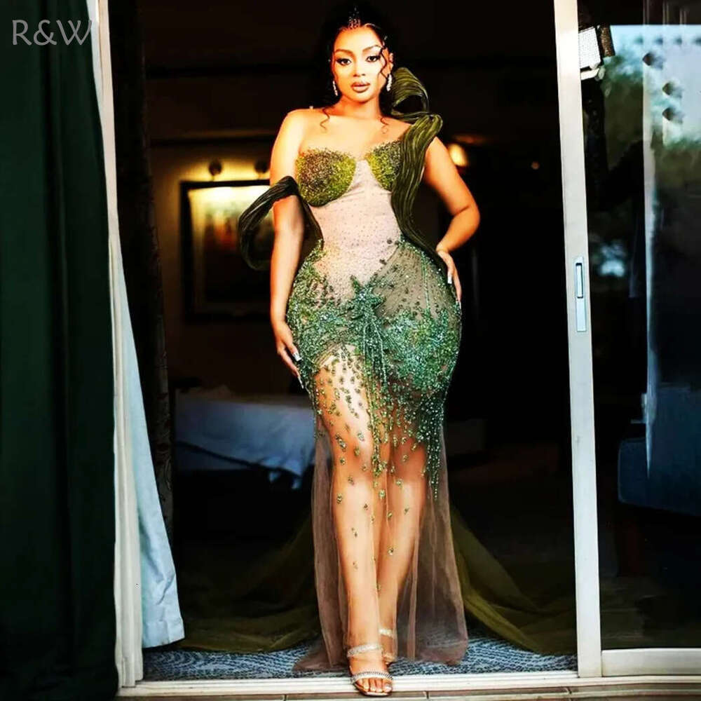 R&W 2024 Green Plus Size Prom for Special Ocns Sheer Neck Mermaid Illusion Promdress Evening Dresses Elegant Birthday Dress Second Reception Gowns AM1