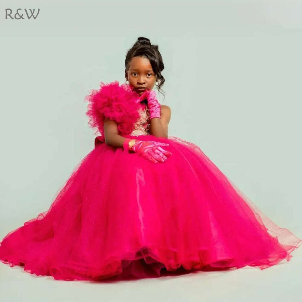 R&W 2024 Hot Pink wer Girl Dresses First Communion Jewel Tiered Tulle Princess Queen Birthday Party Dress for Cute Little Children Girls F105