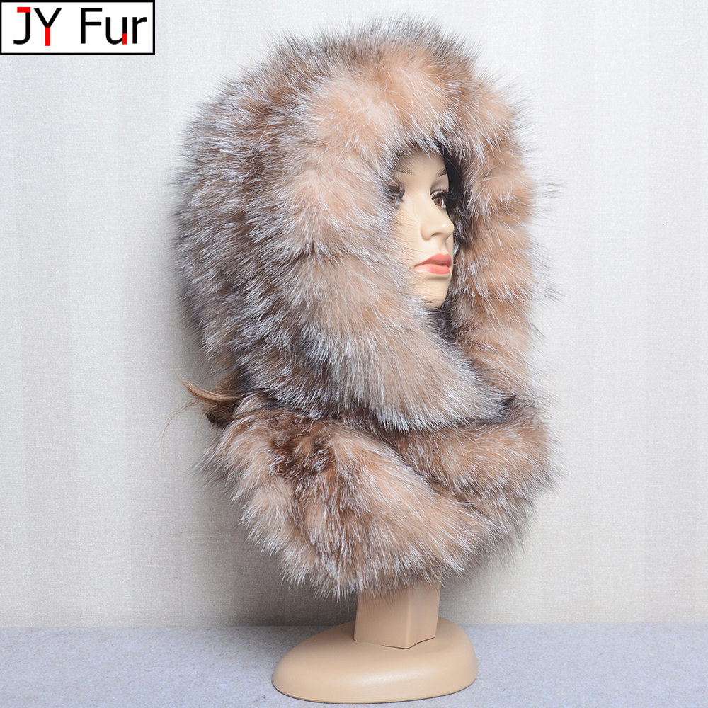 Hot Sell Winter Women Natural Hats&Scarves Lady Warm Fluffy Real Fox Hat&Scarf Knit Genuine Fur Hooded Scarf