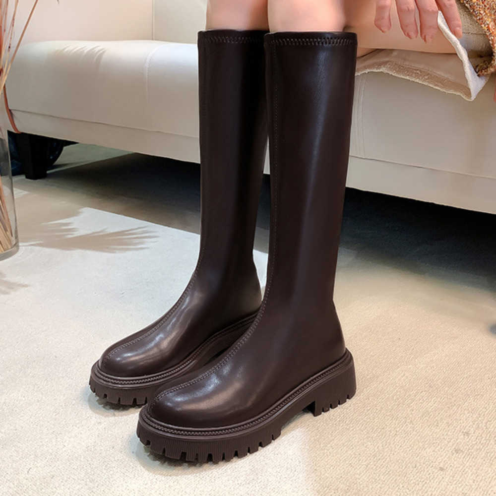 Fashion Boots Leather Autumn Winter Long Boots For Women High Heels Inner Height Thin Thick Bottom Long Boots Knight 240826