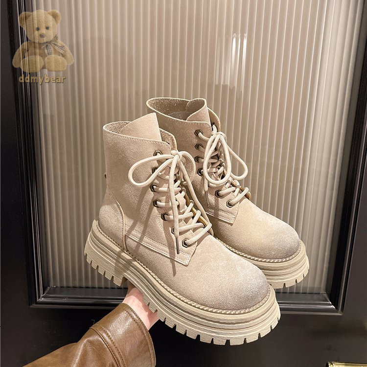 Ddmybear Thin Martin Women 2024 New Leather Thick Soled Spring And Autumn Frosted Short Boots For With Skirts Chinese Brand Shoes F1011-80