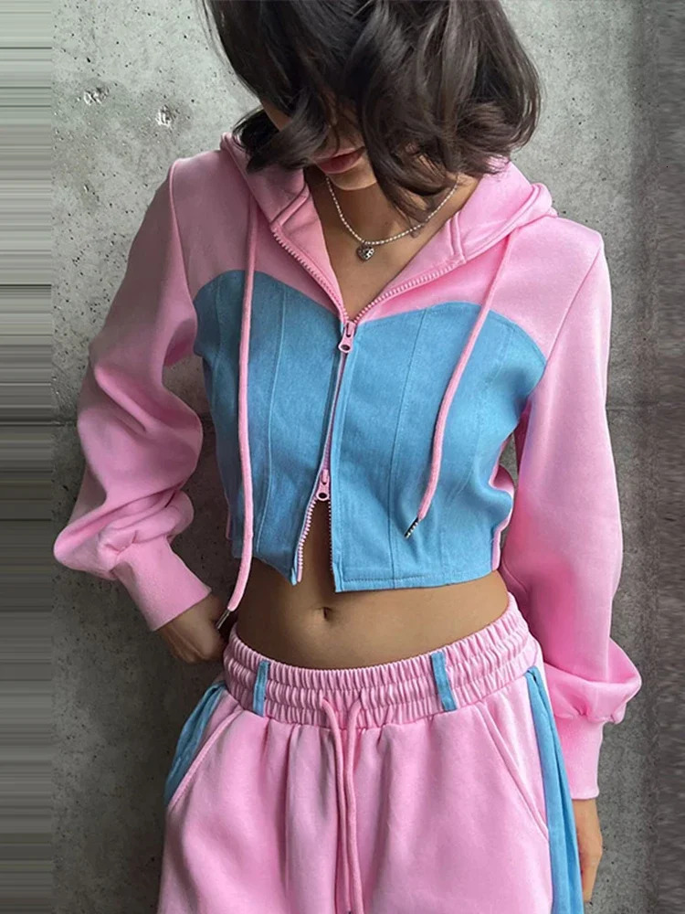 Casual Comparison Brushed Hoodie Set Womens Ultra Thin Zipper Crop Coat Loose Wide Leg Pants Autumn Track and Field Wear 241007