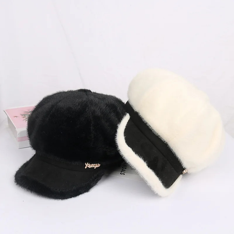 Womens autumn and winter mink hair windproof and warm retro octagonal beret 241007