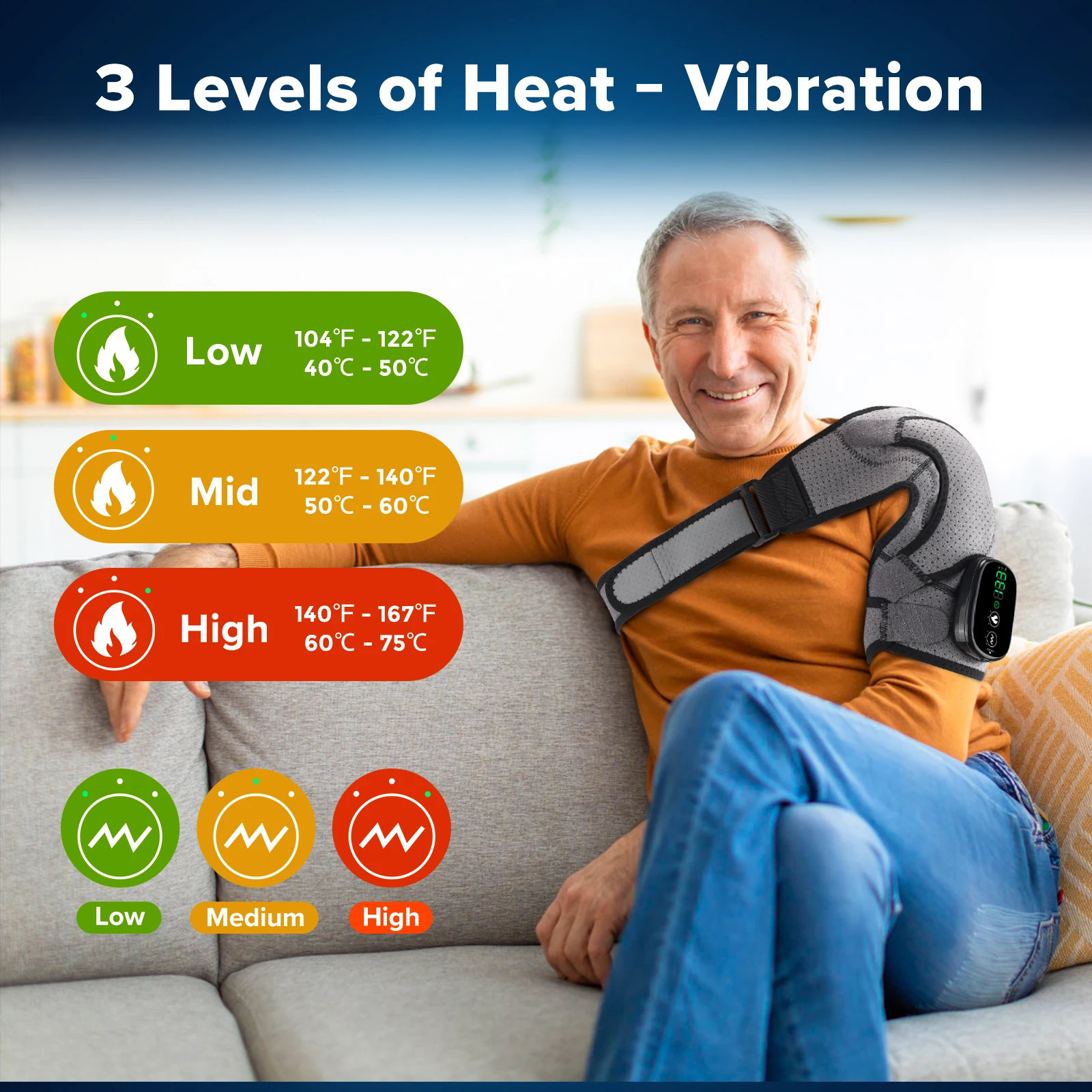 Electric heated shoulder massager bracket joint vibration arthritis pain relief LED intelligent controller adjustable support strap 241008