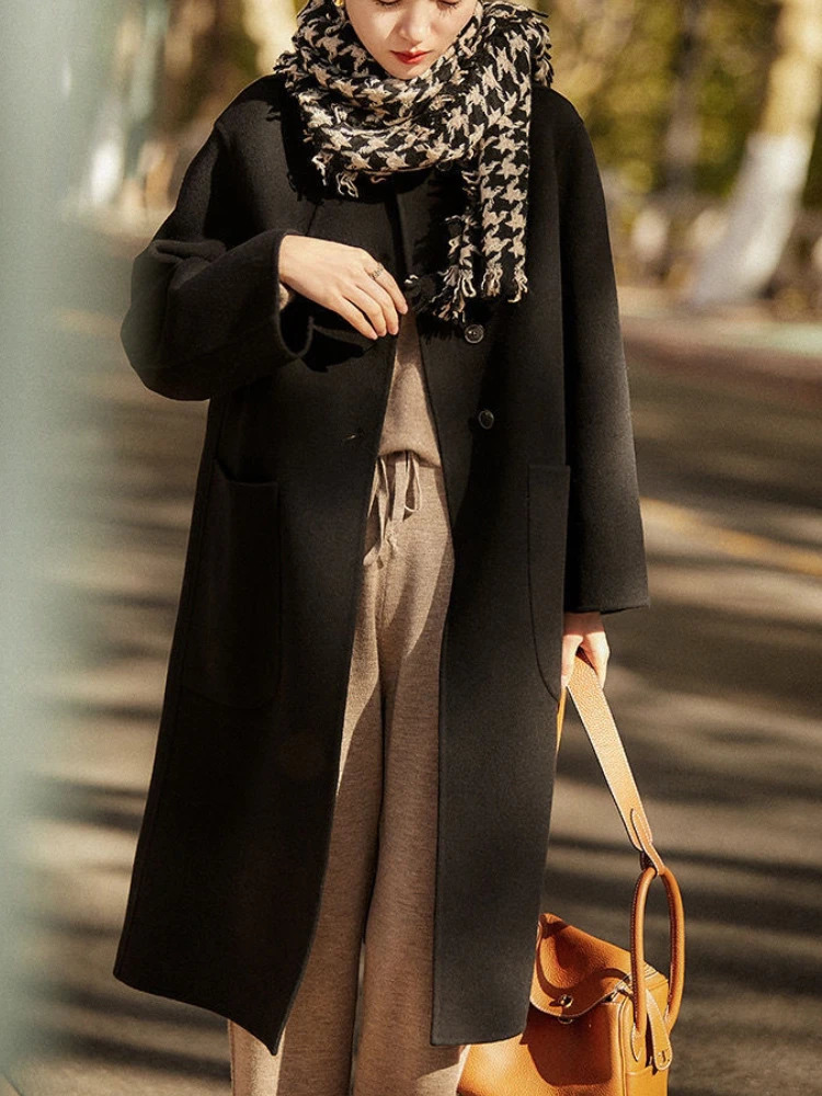 Long Blend Wool Coat Elegant Office Lady Warm Autumn Winter Cozy Simple Loose Fashion Pockets Streetwear 240930