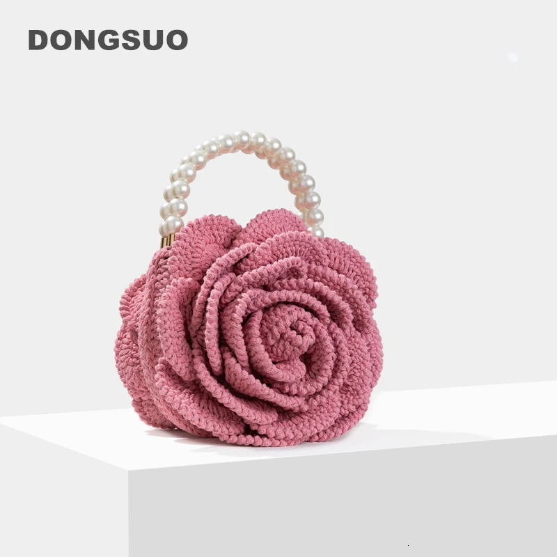 Crochet rose club chic night party handbag wallet woven jacquard bag pink iovry item 241008