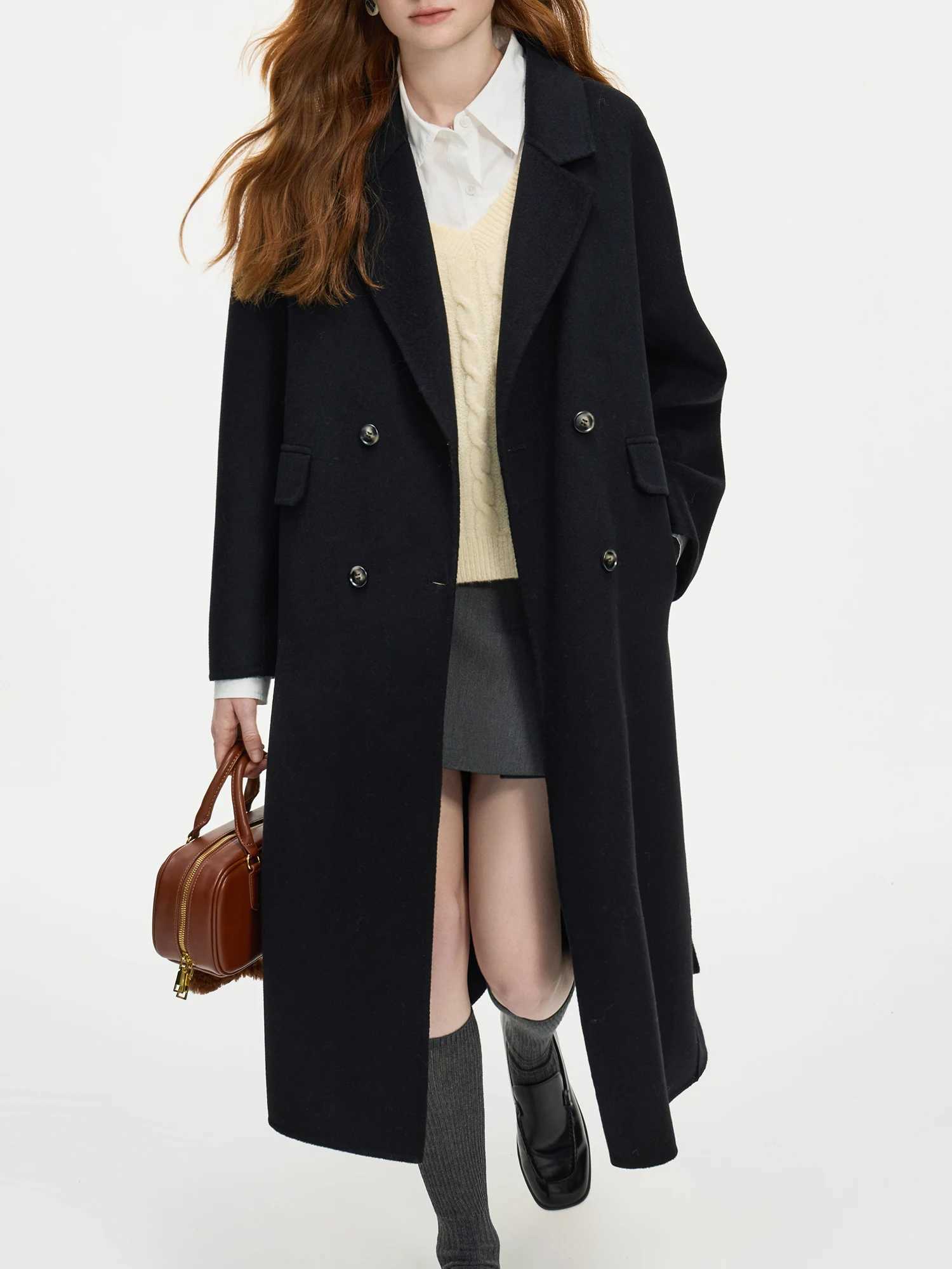 FSLE4 ColorsWomen 100% Wool Coats Long Temperament Brown Female Double Breasted Woolen Jackets With Sashes 24FS14228X241009