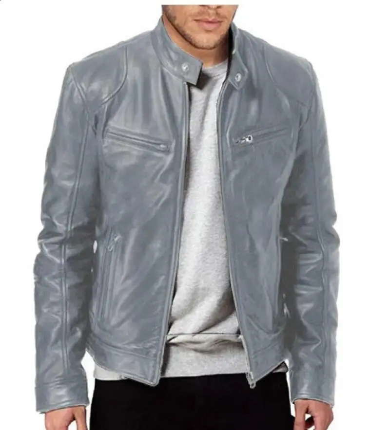 Mens Motorcycle Leather Jacket Slim Fit ShortCoat Lapel PU Jackets Autumn Zipper Stand Windproof Coat y240930